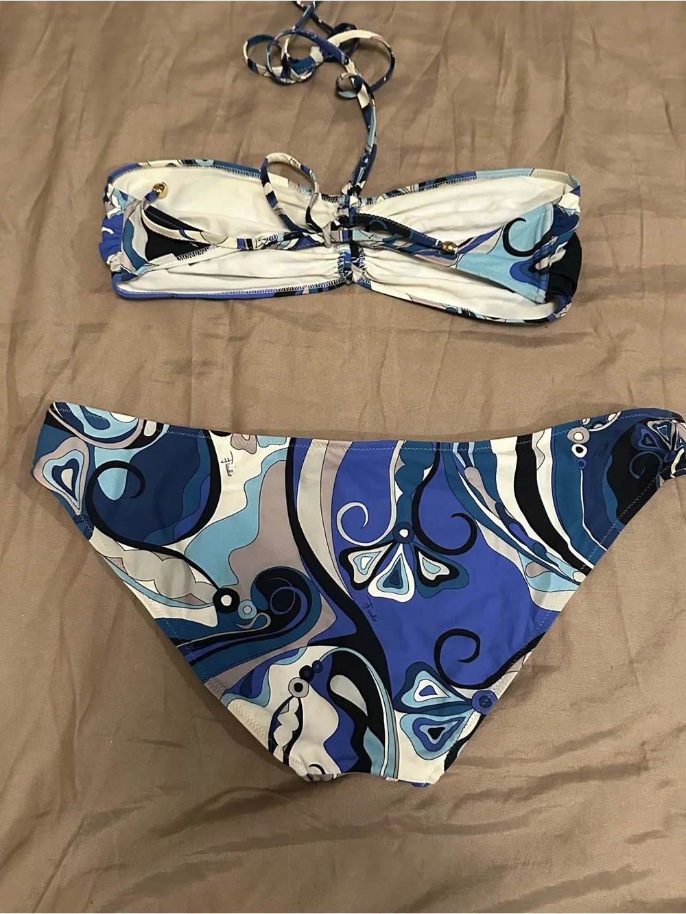 Emilio Pucci Printed String Bikini 2pc Swimsuit Sz 46 Blue White Beachy Fashion